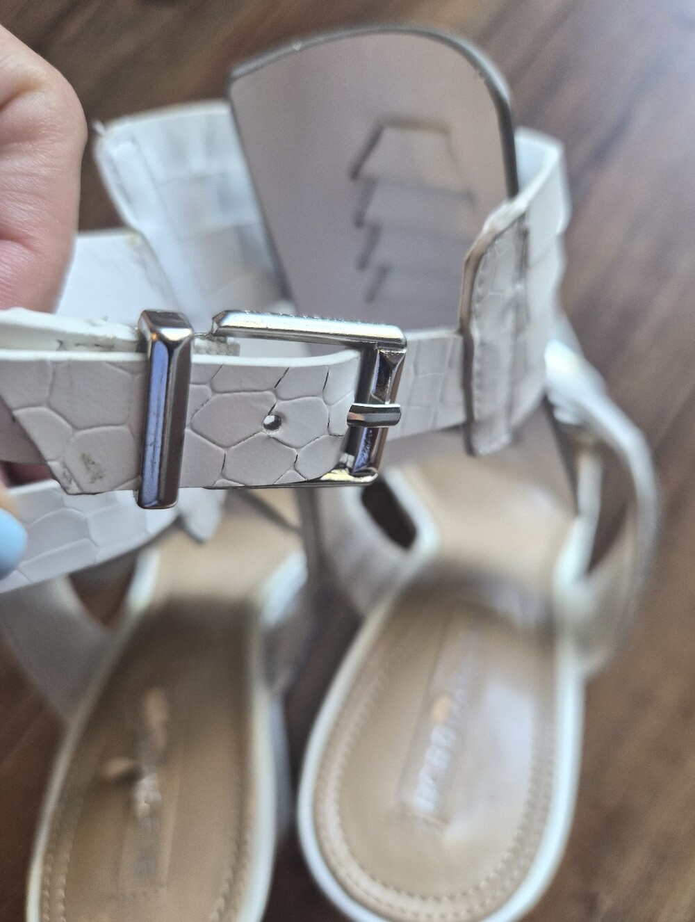 BCBGMaxAzria Vanny White and Metallic Silver Wedge Sandals- Size 10 - Picture 7 of 11